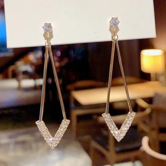 Silver Long Rhombus Crystal Stud Drop Earrings - Picture 2 of 2